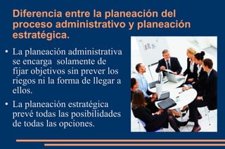 Diferencia entre la planeación del proceso administrativo y planeación estratégica. La planeación administrativa se encarga  solamente de fijar objetivos sin prever los riegos ni la forma de llegar a ellos. La planeación estratégica prevé todas las posibilidades de todas las opciones. 