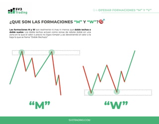 ¿QUE SON LAS FORMACIONES “M” Y “W”?
0.4 OPERAR FORMACIONES “M” Y “V”
SV3TRADING.COM
Las formaciones M y W son realmente ni mas ni menos que doble techos o
doble suelos. Los doble techos actúan como zonas de rebote doble en una
zona en la que el valor o precio no logra romper y así devolviendo el valor a la
baja lo que se llama “Doble Rechazo”
“M” “W”
 