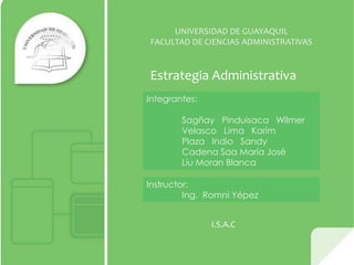 UNIVERSIDAD DE GUAYAQUIL
FACULTAD DE CIENCIAS ADMINISTRATIVAS


Estrategia Administrativa
Integrantes:

        Sagñay Pinduisaca Wilmer
        Velasco Lima Karim
        Plaza Indio Sandy
        Cadena Saa María José
        Liu Moran Blanca

Instructor:
         Ing. Romni Yépez


               I.S.A.C
 