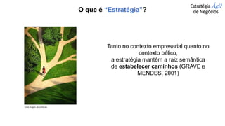 Estratégia Ágil
de Negócios
Tanto no contexto empresarial quanto no
contexto bélico,
a estratégia mantém a raiz semântica
de estabelecer caminhos (GRAVE e
MENDES, 2001)
Fonte imagem: desconhecida
O que é “Estratégia”?
 