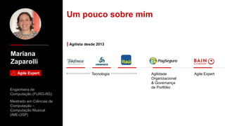 Mariana
Zaparolli
Engenheira de
Computação (FURG-RS)
Mestrado em Ciências de
Computação –
Computação Musical
(IME-USP)
Um pouco sobre mim
Agilidade
Organizacional
& Governança
de Portfólio
Agile Expert
Tecnologia
Agilista desde 2013
Agile Expert
 