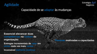 Agilidade
Pessoas motivadas e capacitadas
Essencial alavancar duas
competências na Cultura da
organização:
Entregas incrementais de valor em
ciclos cada vez mais curtos
Incansável melhoria contínua
Capacidade de se adaptar às mudanças
Estratégia Ágil
de Negócios
 