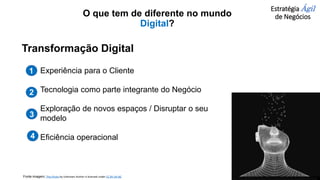 1
2
3
Experiência para o Cliente
Transformação Digital
Estratégia Ágil
de Negócios
O que tem de diferente no mundo
Digital?
Exploração de novos espaços / Disruptar o seu
modelo
Tecnologia como parte integrante do Negócio
4 Eficiência operacional
Fonte imagem: This Photo by Unknown Author is licensed under CC BY-SA-NC
 