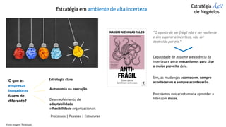 Estratégia Ágil
de Negócios
Estratégia em ambiente de alta incerteza
Fonte imagem: Thinkstock
Estratégia clara
Desenvolvimento de
adaptabilidade
e flexibilidade organizacionais
O que as
empresas
inovadoras
fazem de
diferente?
“O oposto de ser frágil não é ser resiliente
e sim superar a incerteza, não ser
destruído por ela.”
Capacidade de assumir a existência da
incerteza e gerar mecanismos para tirar
o maior proveito dela.
Processos | Pessoas | Estruturas
Sim, as mudanças acontecem, sempre
aconteceram e sempre acontecerão.
Precisamos nos acostumar e aprender a
lidar com riscos.
Autonomia na execução
 