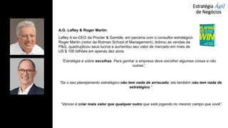 “Estratégia é sobre escolhas. Para ganhar a empresa deve escolher algumas coisas e não
outras”.
A.G. Lafley & Roger Martin
Lafley é ex-CEO da Procter & Gamble, em parceria com o consultor estratégico
Roger Martin (reitor da Rotman School of Management), dobrou as vendas da
P&G, quadruplicou seus lucros e aumentou seu valor de mercado em mais de
US $ 100 bilhões em apenas dez anos.
Estratégia Ágil
de Negócios
“Se o seu planejamento estratégico não tem nada de arriscado, ele também não tem nada de
estratégico.”
“Vencer é criar mais valor que qualquer outro que está jogando no mesmo campo que você”.
 