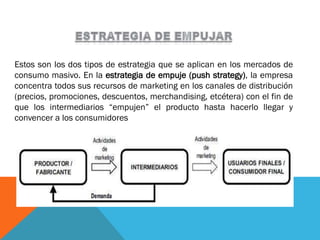 Estos son los dos tipos de estrategia que se aplican en los mercados de
consumo masivo. En la estrategia de empuje (push strategy), la empresa
concentra todos sus recursos de marketing en los canales de distribución
(precios, promociones, descuentos, merchandising, etcétera) con el fin de
que los intermediarios “empujen” el producto hasta hacerlo llegar y
convencer a los consumidores
 
