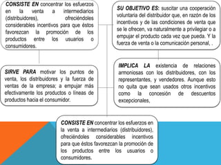 CONSISTE EN concentrar los esfuerzos
                                                   SU OBJETIVO ES: suscitar una cooperación
en la venta a intermediarios
                                                   voluntaria del distribuidor que, en razón de los
(distribuidores),          ofreciéndoles
                                                   incentivos y de las condiciones de venta que
considerables incentivos para que éstos
                                                   se le ofrecen, va naturalmente a privilegiar o a
favorezcan la promoción de los
                                                   empujar el producto cada vez que pueda. Y la
productos entre los usuarios o
                                                   fuerza de venta o la comunicación personal, .
consumidores.


                                                   IMPLICA LA existencia de relaciones
SIRVE PARA motivar los puntos de                   armoniosas con los distribuidores, con los
venta, los distribuidores y la fuerza de           representantes, y vendedores. Aunque esto
ventas de la empresa; a empujar más                no quita que sean usados otros incentivos
efectivamente los productos o líneas de            como la concesión de descuentos
productos hacia el consumidor.                     excepcionales,


                         CONSISTE EN concentrar los esfuerzos en
                         la venta a intermediarios (distribuidores),
                         ofreciéndoles considerables incentivos
                         para que éstos favorezcan la promoción de
                         los productos entre los usuarios o
                         consumidores.
 