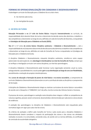 Estratégia Nacional | 9 | Educação para a Cidadania
FORMAS DE OPERACIONALIZAÇÃO EM CIDADANIA E DESENVOLVIMENTO
A abordagem curricular da Educação para a Cidadania faz-se a dois níveis:
A - Ao nível de cada turma;
B - Ao nível global da escola.
A - AO NÍVEL DA TURMA
Educação Pré-escolar e no 1.º ciclo do Ensino Básico: Integrada transversalmente no currículo, da
responsabilidade do/a docente titular de turma e decorrente da decisão acerca dos domínios a trabalhar e
das competências a desenvolver ao longo do ano, definidos em sede de Conselho de Docentes, e enquadrado
na Estratégica de Educação para a Cidadania na Escola (EECE);
Nos 2.º e 3.º ciclos do ensino básico: Disciplina autónoma – Cidadania e Desenvolvimento –, sob a
responsabilidadedeum/adocenteedecorrentedadecisãoacercadosdomíniosatrabalharedascompetências
a desenvolver ao longo do ano, definidos em sede de Conselho de Turma e enquadrados na Estratégica de
Educação para a Cidadania da Escola;
A disciplina Cidadania e Desenvolvimento, enquanto disciplina autónoma, constitui-se como espaço
potenciador da valorização de uma abordagem interdisciplinar ao nível do Conselho de Turma, sempre que
se verifique a interligação curricular com outras disciplinas, ao nível das aprendizagens.
A disciplina Cidadania e Desenvolvimento pode funcionar numa organização semestral, anual ou outra,
salvaguardando a possibilidade de a escola poder gerir a sua distribuição ao longo do ano com flexibilidade,
possibilitando a realização de projetos interdisciplinares.
Nos cursos de educação e formação de jovens de nível básico e no ensino secundário, a componente do
currículo Cidadania e Desenvolvimento desenvolve-se com o contributo de todas as disciplinas e componentes
de formação.
A disciplina de Cidadania e Desenvolvimento integra as matrizes curriculares do ensino básico e secundário
de acordo com o Despacho n.º 5908/2017, de 5 de julho, inscrita na área das Ciências Sociais e Humanas.
O processo de ensino, aprendizagem e avaliação nesta disciplina deve integrar e refletir as competências de
natureza cognitiva, pessoal, social e emocional, desenvolvidas e demonstradas por cada aluno e aluna através
de evidências.
A avaliação das aprendizagens na disciplina de Cidadania e Desenvolvimento está enquadrada pelos
normativos legais em vigor para cada nível de ensino.
Os critérios de avaliação a definir pelo Conselho de Turma e pela escola para a disciplina Cidadania e
Desenvolvimento devem considerar o impacto da participação dos alunos e das alunas nas atividades
realizadas na escola e na comunidade, constando estas, de acordo com as normas definidas, no certificado
de conclusão da escolaridade obrigatória.
 