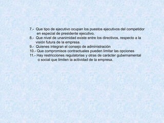 7.- Que tipo de ejecutivo ocupan los puestos ejecutivos del competidor
en especial de presidente ejecutivo.
8.- Que nivel de unanimidad existe entre los directivos, respecto a la
visión futura de la empresa.
9.- Quienes integran el consejo de administración
10.- Que compromisos contractuales pueden limitar las opciones
11.- Hay restricciones regulatorias y otras de carácter gubernamental
o social que limiten la actividad de la empresa.
 
