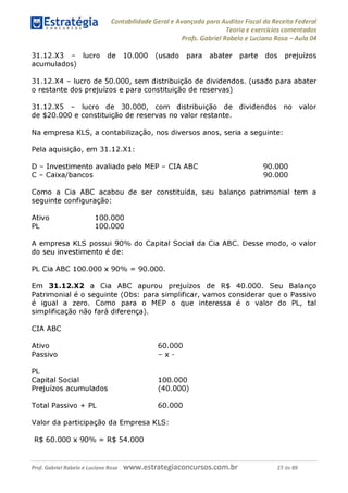 Contabilidade Geral e Avançada para Auditor Fiscal da Receita Federal
Teoria e exercícios comentados
Profs. Gabriel Rabelo e Luciano Rosa - Aula 04
31.12. X3 - lucro de 10.000 (usado para abater parte dos prejuízos
acumulados)
31.12. X4 - lucro de 50.000, sem distribuição de dividendos. (usado para abater
o restante dos prejuízos e para constituição de reservas)
31.12. X5 - lucro de 30.000, com distribuição de dividendos no valor
de $20.000 e constituição de reservas no valor restante.
Na empresa KLS, a contabilização, nos diversos anos, seria a seguinte:
Pela aquisição, em 31.12.X1:
D - Investimento avaliado pelo MEP - CIA ABC 90.000
C - Caixa/bancos 90.000
Como a Cia ABC acabou de ser constituída, seu balanço patrimonial tem a
seguinte configuração:
Ativo 100.000
PL 100.000
A empresa KLS possui 90% do Capital Social da Cia ABC. Desse modo, o valor
do seu investimento é de:
PL Cia ABC 100.000 x 90% = 90.000.
Em 31.12.X2 a Cia ABC apurou prejuízos de R$ 40.000. Seu Balanço
Patrimonial é o seguinte (Obs: para simplificar, vamos considerar que o Passivo
é igual a zero. Como para o MEP o que interessa é o valor do PL, tal
simplificação não fará diferença).
CIA ABC
Ativo 60.000
Passivo - x -
PL
Capital Social 100.000
Prejuízos acumulados (40.000)
Total Passivo + PL 60.000
Valor da participação da Empresa KLS:
R$ 60.000 x 90% = R$ 54.000
Prof. Gabriel Rabelo e Luciano Rosa W W W .e S tra te g ia C O n C U rS O S .C O m .b r 27 de 89
 