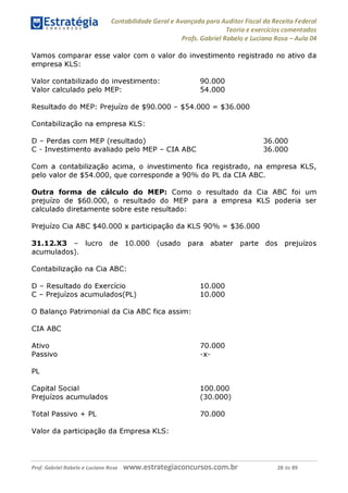 Contabilidade Geral e Avançada para Auditor Fiscal da Receita Federal
Teoria e exercícios comentados
Profs. Gabriel Rabelo e Luciano Rosa - Aula 04
Vamos comparar esse valor com o valor do investimento registrado no ativo da
empresa KLS:
Valor contabilizado do investimento: 90.000
Valor calculado pelo MEP: 54.000
Resultado do MEP: Prejuízo de $90.000 - $54.000 = $36.000
Contabilização na empresa KLS:
D - Perdas com MEP (resultado) 36.000
C - Investimento avaliado pelo MEP - CIA ABC 36.000
Com a contabilização acima, o investimento fica registrado, na empresa KLS,
pelo valor de $54.000, que corresponde a 90% do PL da CIA ABC.
Outra forma de cálculo do MEP: Como o resultado da Cia ABC foi um
prejuízo de $60.000, o resultado do MEP para a empresa KLS poderia ser
calculado diretamente sobre este resultado:
Prejuízo Cia ABC $40.000 x participação da KLS 90% = $36.000
31.12.X3 - lucro de 10.000 (usado para abater parte dos prejuízos
acumulados).
Contabilização na Cia ABC:
D - Resultado do Exercício 10.000
C - Prejuízos acumulados(PL) 10.000
O Balanço Patrimonial da Cia ABC fica assim:
CIA ABC
Ativo 70.000
Passivo -x-
PL
Capital Social 100.000
Prejuízos acumulados (30.000)
Total Passivo + PL 70.000
Valor da participação da Empresa KLS:
Prof. Gabriel Rabelo e Luciano Rosa W W W .e S tra te g ia C O n C U rS O S .C O m .b r 28 de 89
 