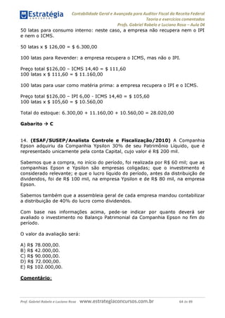 Estratégia Contabilidade Gerai e Avançada para Auditor Fiscal da Receita Federai
1 ........... Teoria e exercícios comentados
Profs. Gabriel Rabelo e Luciano Rosa - Aula 04
50 latas para consumo interno: neste caso, a empresa não recupera nem o IPI
e nem o ICMS.
50 latas x $ 126,00 = $ 6.300,00
100 latas para Revender: a empresa recupera o ICMS, mas não o IPI.
Preço total $126,00 - ICMS 14,40 = $ 111,60
100 latas x $ 111,60 = $ 11.160,00
100 latas para usar como matéria prima: a empresa recupera o IPI e o ICMS.
Preço total $126,00 - IPI 6,00 - ICMS 14,40 = $ 105,60
100 latas x $ 105,60 = $ 10.560,00
Total do estoque: 6.300,00 + 11.160,00 + 10.560,00 = 28.020,00
Gabarito ^ C
14. (ESAF/SUSEP/Analista Controle e Fiscalização/2010) A Companhia
Epson adquiriu da Companhia Ypsilon 30% de seu Patrimônio Líquido, que é
representado unicamente pela conta Capital, cujo valor é R$ 200 mil.
Sabemos que a compra, no início do período, foi realizada por R$ 60 mil; que as
companhias Epson e Ypsilon são empresas coligadas; que o investimento é
considerado relevante; e que o lucro líquido do período, antes da distribuição de
dividendos, foi de R$ 100 mil, na empresa Ypsilon e de R$ 80 mil, na empresa
Epson.
Sabemos também que a assembleia geral de cada empresa mandou contabilizar
a distribuição de 40% do lucro como dividendos.
Com base nas informações acima, pede-se indicar por quanto deverá ser
avaliado o investimento no Balanço Patrimonial da Companhia Epson no fim do
período.
O valor da avaliação será:
A) R$ 78.000,00.
B) R$ 42.000,00.
C) R$ 90.000,00.
D) R$ 72.000,00.
E) R$ 102.000,00.
Comentário:
Prof. Gabriel Rabelo e Luciano Rosa W W W .e S tra te g ia C O n C U rS O S .C O m .b r 64 de 89
 