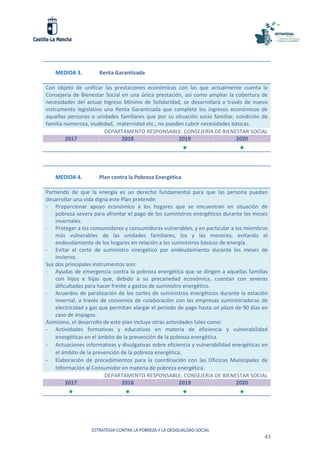 ESTRATEGIA CONTRA LA POBREZA Y LA DESIGUALDAD SOCIAL
43
MEDIDA 3. Renta Garantizada
Con objeto de unificar las prestaciones económicas con las que actualmente cuenta la
Consejería de Bienestar Social en una única prestación, así como ampliar la cobertura de
necesidades del actual Ingreso Mínimo de Solidaridad, se desarrollará a través de nuevo
instrumento legislativo una Renta Garantizada que complete los ingresos económicos de
aquellas personas o unidades familiares que por su situación socio familiar, condición de
familia numerosa, viudedad, maternidad etc., no pueden cubrir necesidades básicas.
DEPARTAMENTO RESPONSABLE: CONSEJERÍA DE BIENESTAR SOCIAL
2017 2018 2019 2020
 
MEDIDA 4. Plan contra la Pobreza Energética
Partiendo de que la energía es un derecho fundamental para que las persona puedan
desarrollar una vida digna este Plan pretende:
- Proporcionar apoyo económico a los hogares que se encuentran en situación de
pobreza severa para afrontar el pago de los suministros energéticos durante los meses
invernales.
- Proteger a los consumidores y consumidoras vulnerables, y en particular a los miembros
más vulnerables de las unidades familiares, los y las menores, evitando el
endeudamiento de los hogares en relación a los suministros básicos de energía.
- Evitar el corte de suministro energético por endeudamiento durante los meses de
invierno.
Sus dos principales instrumentos son:
- Ayudas de emergencia contra la pobreza energética que se dirigen a aquellas familias
con hijos e hijas que, debido a su precariedad económica, cuentan con severas
dificultades para hacer frente a gastos de suministro energético.
- Acuerdos de paralización de los cortes de suministros energéticos durante la estación
invernal, a través de convenios de colaboración con las empresas suministradoras de
electricidad y gas que permitan alargar el periodo de pago hasta un plazo de 90 días en
caso de impagos.
Asimismo, el desarrollo de este plan incluye otras actividades tales como:
- Actividades formativas y educativas en materia de eficiencia y vulnerabilidad
energéticas en el ámbito de la prevención de la pobreza energética.
- Actuaciones informativas y divulgativas sobre eficiencia y vulnerabilidad energéticas en
el ámbito de la prevención de la pobreza energética.
- Elaboración de procedimientos para la coordinación con las Oficinas Municipales de
Información al Consumidor en materia de pobreza energética.
DEPARTAMENTO RESPONSABLE: CONSEJERÍA DE BIENESTAR SOCIAL
2017 2018 2019 2020
   
 