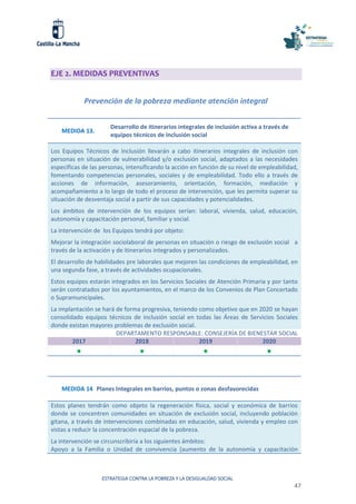 ESTRATEGIA CONTRA LA POBREZA Y LA DESIGUALDAD SOCIAL
47
EJE 2. MEDIDAS PREVENTIVAS
Prevención de la pobreza mediante atención integral
MEDIDA 13.
Desarrollo de itinerarios integrales de inclusión activa a través de
equipos técnicos de inclusión social
Los Equipos Técnicos de Inclusión llevarán a cabo itinerarios integrales de inclusión con
personas en situación de vulnerabilidad y/o exclusión social, adaptados a las necesidades
específicas de las personas, intensificando la acción en función de su nivel de empleabilidad,
fomentando competencias personales, sociales y de empleabilidad. Todo ello a través de
acciones de información, asesoramiento, orientación, formación, mediación y
acompañamiento a lo largo de todo el proceso de intervención, que les permita superar su
situación de desventaja social a partir de sus capacidades y potencialidades.
Los ámbitos de intervención de los equipos serían: laboral, vivienda, salud, educación,
autonomía y capacitación personal, familiar y social.
La intervención de los Equipos tendrá por objeto:
Mejorar la integración sociolaboral de personas en situación o riesgo de exclusión social a
través de la activación y de itinerarios integrados y personalizados.
El desarrollo de habilidades pre laborales que mejoren las condiciones de empleabilidad, en
una segunda fase, a través de actividades ocupacionales.
Estos equipos estarán integrados en los Servicios Sociales de Atención Primaria y por tanto
serán contratados por los ayuntamientos, en el marco de los Convenios de Plan Concertado
o Supramunicipales.
La implantación se hará de forma progresiva, teniendo como objetivo que en 2020 se hayan
consolidado equipos técnicos de inclusión social en todas las Áreas de Servicios Sociales
donde existan mayores problemas de exclusión social.
DEPARTAMENTO RESPONSABLE: CONSEJERÍA DE BIENESTAR SOCIAL
2017 2018 2019 2020
   
MEDIDA 14. Planes Integrales en barrios, puntos o zonas desfavorecidas
Estos planes tendrán como objeto la regeneración física, social y económica de barrios
donde se concentren comunidades en situación de exclusión social, incluyendo población
gitana, a través de intervenciones combinadas en educación, salud, vivienda y empleo con
vistas a reducir la concentración espacial de la pobreza.
La intervención se circunscribiría a los siguientes ámbitos:
Apoyo a la Familia o Unidad de convivencia (aumento de la autonomía y capacitación
 