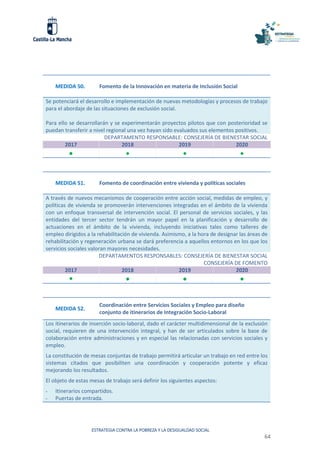 ESTRATEGIA CONTRA LA POBREZA Y LA DESIGUALDAD SOCIAL
64
MEDIDA 50. Fomento de la Innovación en materia de Inclusión Social
Se potenciará el desarrollo e implementación de nuevas metodologías y procesos de trabajo
para el abordaje de las situaciones de exclusión social.
Para ello se desarrollarán y se experimentarán proyectos pilotos que con posterioridad se
puedan transferir a nivel regional una vez hayan sido evaluados sus elementos positivos.
DEPARTAMENTO RESPONSABLE: CONSEJERÍA DE BIENESTAR SOCIAL
2017 2018 2019 2020
   
MEDIDA 51. Fomento de coordinación entre vivienda y políticas sociales
A través de nuevos mecanismos de cooperación entre acción social, medidas de empleo, y
políticas de vivienda se promoverán intervenciones integradas en el ámbito de la vivienda
con un enfoque transversal de intervención social. El personal de servicios sociales, y las
entidades del tercer sector tendrán un mayor papel en la planificación y desarrollo de
actuaciones en el ámbito de la vivienda, incluyendo iniciativas tales como talleres de
empleo dirigidos a la rehabilitación de vivienda. Asimismo, a la hora de designar las áreas de
rehabilitación y regeneración urbana se dará preferencia a aquellos entornos en los que los
servicios sociales valoran mayores necesidades.
DEPARTAMENTOS RESPONSABLES: CONSEJERÍA DE BIENESTAR SOCIAL
CONSEJERÍA DE FOMENTO
2017 2018 2019 2020
•   
MEDIDA 52.
Coordinación entre Servicios Sociales y Empleo para diseño
conjunto de itinerarios de Integración Socio-Laboral
Los itinerarios de inserción socio-laboral, dado el carácter multidimensional de la exclusión
social, requieren de una intervención integral, y han de ser articulados sobre la base de
colaboración entre administraciones y en especial las relacionadas con servicios sociales y
empleo.
La constitución de mesas conjuntas de trabajo permitirá articular un trabajo en red entre los
sistemas citados que posibiliten una coordinación y cooperación potente y eficaz
mejorando los resultados.
El objeto de estas mesas de trabajo será definir los siguientes aspectos:
- Itinerarios compartidos.
- Puertas de entrada.
 