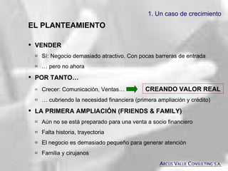 EL PLANTEAMIENTO VENDER    Sí: Negocio demasiado atractivo. Con pocas barreras de entrada  …  pero no ahora POR TANTO…  Crecer: Comunicación, Ventas…  CREANDO VALOR REAL  …  cubriendo la necesidad financiera (primera ampliación y crédito) LA PRIMERA AMPLIACIÓN (FRIENDS & FAMILY)  Aún no se está preparado para una venta a socio financiero  Falta historia, trayectoria   El negocio es demasiado pequeño para generar atención  Familia y cirujanos  1. Un caso de crecimiento A RCUS  V ALUE  C ONSULTING S.A. 