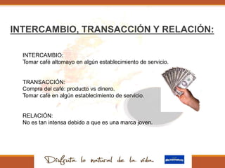 INTERCAMBIO, TRANSACCIÓN Y RELACIÓN:
INTERCAMBIO:
Tomar café altomayo en algún establecimiento de servicio.
TRANSACCIÓN:
Compra del café: producto vs dinero.
Tomar café en algún establecimiento de servicio.
RELACIÓN:
No es tan intensa debido a que es una marca joven.
 