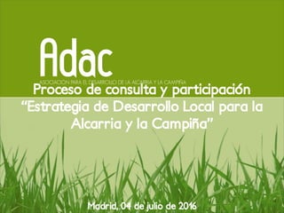 Proceso de consulta y participación
“Estrategia de Desarrollo Local para la
Alcarria y la Campiña”
Madrid, 04 de julio de 2016
 