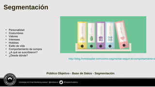 Estrategia de Email Marketing exitosa / @meldiazch #DopplerAcademy
Público Objetivo - Base de Datos - Segmentación
Segmentación
• Personalidad
• Costumbres
• Valores
• Intereses
• Hobbies
• Estilo de vida
• Comportamiento de compra
• ¿A qué se suscribieron?
• ¿Desde dónde?
http://blog.fromdoppler.com/como-segmentar-segun-el-comportamiento-d
 