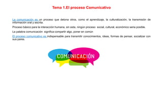Tema 1.El proceso Comunicativo
La comunicación es un proceso que detona otros, como el aprendizaje, la culturalización, la transmisión de
información oral y escrita.
Proceso básico para la interacción humana, sin esta, ningún proceso social, cultural, económico seria posible.
La palabra comunicación significa compartir algo, poner en común
El proceso comunicativo es indispensable para transmitir conocimientos, ideas, formas de pensar, socializar con
sus pares.
 