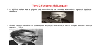 Tema 3.Funciones del Lenguaje
• El lingüista alemán Karl B. propone una clasificación de las funciones de la lengua: expresiva, apelativa y
referencial.
• Román Jakobson identifica seis componentes del proceso comunicativo: emisor, receptor, contexto, mensaje,
contacto, y código.
 