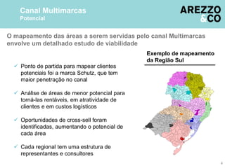 O mapeamento das áreas a serem servidas pelo canal Multimarcas
envolve um detalhado estudo de viabilidade
Canal Multimarcas
Potencial
 Ponto de partida para mapear clientes
potenciais foi a marca Schutz, que tem
maior penetração no canal
 Análise de áreas de menor potencial para
torná-las rentáveis, em atratividade de
clientes e em custos logísticos
 Oportunidades de cross-sell foram
identificadas, aumentando o potencial de
cada área
 Cada regional tem uma estrutura de
representantes e consultores
Exemplo de mapeamento
da Região Sul
4
 