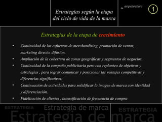 Estrategias de la etapa de  crecimiento arquitectura marca de 1 Estrategias según la etapa del ciclo de vida de la marca Continuidad de los esfuerzos de merchandising, promoción de ventas, marketing directo, difusión.  Ampliación de la cobertura de zonas geográficas y segmentos de negocios.  Continuidad de la campaña publicitaria pero con replanteo de objetivos y estrategias , para lograr comunicar y posicionar las ventajes competitivas y diferencias significativas.  Continuación de actividades para solidificar la imagen de marca con identidad y diferenciación.  Fidelización de clientes , intensificación de frecuencia de compra 