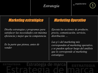 Marketing estratégico Marketing Operativo Diseña estrategias y programas para satisfacer las necesidades con máxima eficiencia y mejor que la competencia. Es la parte que piensa, antes de vender Ejecuta las acciones de producto, precio, comunicación, servicio, distribución … Las p´s del marketing mix corresponden al marketing operativo, y se pueden aplicar luego del análisis que le corresponde al marketing estratégico arquitectura marca de 1 Estrategia 