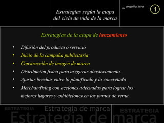 Estrategias de la etapa de  lanzamiento arquitectura marca de 1 Estrategias según la etapa del ciclo de vida de la marca Difusión del producto o servicio Inicio de la campaña publicitaria Construcción de imagen de marca Distribución física para asegurar abastecimiento Ajustar brechas entre lo planificado y lo concretado Merchandising con acciones adecuadas para lograr los mejores lugares y exhibiciones en los puntos de venta. 