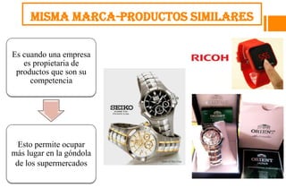 MISMA MARCA-PRODUCTOS SIMILARES

Es cuando una empresa
   es propietaria de
 productos que son su
     competencia




  Esto permite ocupar
más lugar en la góndola
 de los supermercados
 