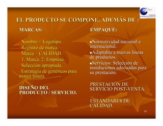 EL PRODUCTO SE COMPONE, ADEMÁS DE :
MARCAS:                         EMPAQUE:

 Nombre + Logotipo.              Normatividad nacional e
 Registro de marca.             internacional.
 Marca – CALIDAD.                Adaptable a nuevas líneas
 1. Marca. 2. Empresa.          de productos.
 Selección apropiada.            Servicios: Selección de
                                instalaciones adecuadas para
 Estrategia de genéricos para   su prestación.
marca futura.
                                PRESTACIÓN DE
DISEÑO DEL                      SERVICIO POST-VENTA.
PRODUCTO / SERVICIO.
                                ESTÁNDARES DE
                                CALIDAD.
                                                          10
 