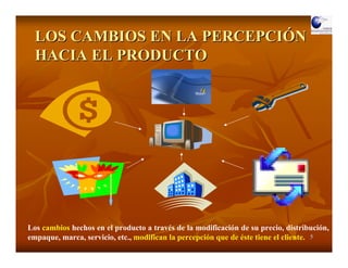 LOS CAMBIOS EN LA PERCEPCIÓN
  HACIA EL PRODUCTO




Los cambios hechos en el producto a través de la modificación de su precio, distribución,
empaque, marca, servicio, etc., modifican la percepción que de éste tiene el cliente. 5
 