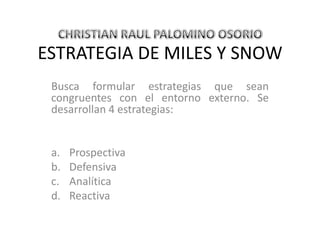 ESTRATEGIA DE MILES Y SNOW
Busca formular estrategias que sean
congruentes con el entorno externo. Se
desarrollan 4 estrategias:
a. Prospectiva
b. Defensiva
c. Analítica
d. Reactiva
 