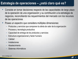 Estrategia de operaciones – ¿está claro qué es? Consiste en tomar decisiones respecto de las capacidades de largo plazo de la operación de una organización y su contribución a la estrategia de negocios, reconciliando los requerimientos del mercado con los recursos de las operaciones Posee un espectro que considera múltiples dimensiones: Productos y servicios que componen la oferta de valor de la organización Procesos y tecnología productiva Capacidad de entrega de los productos y servicios Estructura organizacional y factor humano Calidad Instalaciones Abastecimiento Sistemas informáticos 