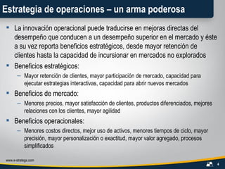 Estrategia de operaciones – un arma poderosa La innovación operacional puede traducirse en mejoras directas del desempeño que conducen a un desempeño superior en el mercado y éste a su vez reporta beneficios estratégicos, desde mayor retención de clientes hasta la capacidad de incursionar en mercados no explorados Beneficios estratégicos: Mayor retención de clientes, mayor participación de mercado, capacidad para ejecutar estrategias interactivas, capacidad para abrir nuevos mercados Beneficios de mercado: Menores precios, mayor satisfacción de clientes, productos diferenciados, mejores relaciones con los clientes, mayor agilidad Beneficios operacionales: Menores costos directos, mejor uso de activos, menores tiempos de ciclo, mayor precisión, mayor personalización o exactitud, mayor valor agregado, procesos simplificados 