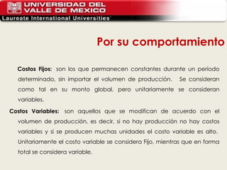 Costos Fijos:   son los que permanecen constantes durante un período determinado, sin importar el volumen de producción.    Se consideran como tal en su monto global, pero unitariamente se consideran variables.  Costos Variables:   son aquellos que se modifican de acuerdo con el volumen de producción, es decir, si no hay producción no hay costos variables y si se producen muchas unidades el costo variable es alto.  Unitariamente el costo variable se considera Fijo, mientras que en forma total se considera variable. Por su comportamiento 