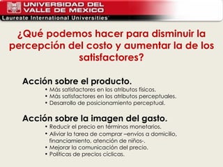¿Qué podemos hacer para disminuir la percepción del costo y aumentar la de los satisfactores? Acción sobre el producto. Más satisfactores en los atributos físicos. Más satisfactores en los atributos perceptuales. Desarrollo de posicionamiento perceptual. Acción sobre la imagen del gasto. Reducir el precio en términos monetarios. Aliviar la tarea de comprar  – envíos a domicilio ,   financiamiento, atención de niños-. Mejorar la comunicación del precio. Políticas de precios cíclicas. 