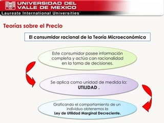 El consumidor racional de la Teoría Microeconómica Teorías sobre el Precio Este consumidor posee información completa y actúa con racionalidad en la toma de decisiones. Graficando el comportamiento de un  individuo obtenemos la Ley de Utilidad Marginal Decreciente. Se aplica como unidad de medida la: UTILIDAD . 