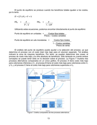 El punto de equilibrio se produce cuando los beneficios totales igualan a los costos,
por lo tanto:

      IT = CT ó Px = F + V

      PEx    =     F              PE$     =       F
                  P–V                          1 – V/P

      Utilizando estas ecuaciones, podemos encontrar directamente el punto de equilibrio:

      Punto de equilibrio en unidades =           Costos fijos totales
                                              Precio – Costos variables

      Punto de equilibrio en uds monetarias =             Costos fijos totales
                                                         1 – Costos variables
                                                             Precio de venta

       El análisis del punto de equilibrio puede ayudar a la selección del proceso, ya que
determina el proceso con el costo total más bajo para el volumen esperado. Tal análisis
indicará la zona de mayores beneficios. Por tanto, se pueden determinar dos cosas: el
proceso de costo más bajo y la cifra absoluta de beneficios. Sólo teniendo en cuenta ambos
conceptos se puede tener éxito en la decisión sobre el proceso. La Figura 7 muestra tres
procesos alternativos comparados en un único gráfico. El proceso A tiene costo más bajo
para volúmenes inferiores a V1, el proceso B tiene el costo más bajo para volúmenes entre V1
y V2, y el proceso C tiene el costo más bajo para volúmenes superiores a V2.




                     Figura 7: Gráfico comparativo de tres procesos alternativos.


                                                 13
 