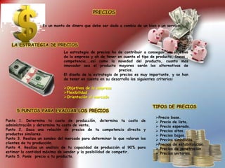 La estrategia de precios ha de contribuir a conseguir los objetivo
de la empresa y ah de tener en cuenta el tipo de producto, líneas ,
competencia...así como la novedad del producto, cuanto mas
innovador sea el producto mayores serán las alternativas de
precios.
El diseño de la estrategia de precios es muy importante, y se han
de tener en cuenta en su desarrollo los siguientes criterios:
Objetivos de la empresa
Flexibilidad
Orientación al mercado
Punto 1. Determina tu costo de producción, determina tu costo de
administración y determina tu costo de venta.
Punto 2. Saca una relación de precios de tu competencia directa y
productos similares.
Punto 3. Realiza un sondeo del mercado para determinar lo que valoran los
clientes de tu producción.
Punto 4. Realiza un análisis de tu capacidad de producción al 90% para
estimar la cantidad máxima de vender y la posibilidad de competir.
Punto 5. Ponle precio a tu producto.
Es un monto de dinero que debe ser dado a cambio de un bien o un servicio.
Precio base.
 Precio de lista.
 Precio esperado.
 Precios altos.
 Precios bajos.
 Precios simbólicos.
Precios de estabilización.
 Precios de penetración.
 Precios unitarios.
 