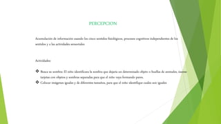 PERCEPCION
Acumulación de información usando los cinco sentidos fisiológicos, procesos cognitivos independientes de los
sentidos y a las actividades sensoriales
Actividades:
 Busca su sombra: El niño identificara la sombra que dejaría un determinado objeto o huellas de animales, úsense
tarjetas con objetos y sombras separadas para que el niño vaya formando pares.
 Colocar imágenes iguales y de diferentes tamaños, para que el niño identifique cuales son iguales
 