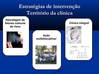 Estratégias de intervenção
            Território da clínica
 Abordagem de
fatores comuns                      Clínica integral
    de risco


                      Ação
                 multidisciplinar
 