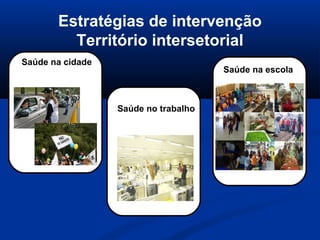 Estratégias de intervenção
         Território intersetorial
Saúde na cidade
                                      Saúde na escola



                  Saúde no trabalho
 