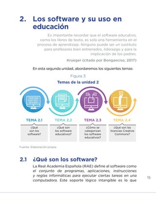 15
2.	 Los software y su uso en
educación
En esta segunda unidad, abordaremos los siguientes temas:
Es importante recordar que el software educativo,
como los libros de texto, es solo una herramienta en el
proceso de aprendizaje. Ninguno puede ser un sustituto
para profesores bien entrenados, liderazgo y para la
implicación de los padres.
Krueger (citado por Bonganciso, 2017)
La Real Academia Española (RAE) define al software como
el conjunto de programas, aplicaciones, instrucciones
y reglas informáticas para ejecutar ciertas tareas en una
computadora. Este soporte lógico intangible es lo que
2.1	 ¿Qué son los software?
¿Qué
son los
software?
TEMA 2.1 TEMA 2.2 TEMA 2.3 TEMA 2.4
¿Qué son
los software
educativos?
¿Cómo se
categorizan
los software
educativos?
¿Qué son las
licencias Creative
Commons?
Fuente: Elaboración propia
Figura 3
Temas de la unidad 2
INICIO ÍNDICE GLOSARIO
ANEXOS SIGUIENTE
ANTERIOR
 
