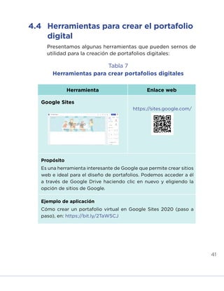 41
Tabla 7
Herramientas para crear portafolios digitales
Herramienta Enlace web
Google Sites
https://sites.google.com/
Propósito
Es una herramienta interesante de Google que permite crear sitios
web e ideal para el diseño de portafolios. Podemos acceder a él
a través de Google Drive haciendo clic en nuevo y eligiendo la
opción de sitios de Google.
Ejemplo de aplicación
Cómo crear un portafolio virtual en Google Sites 2020 (paso a
paso), en: https://bit.ly/2TaW5CJ
Presentamos algunas herramientas que pueden sernos de
utilidad para la creación de portafolios digitales:
4.4	 Herramientas para crear el portafolio
digital
INICIO ÍNDICE GLOSARIO
ANEXOS SIGUIENTE
ANTERIOR
 