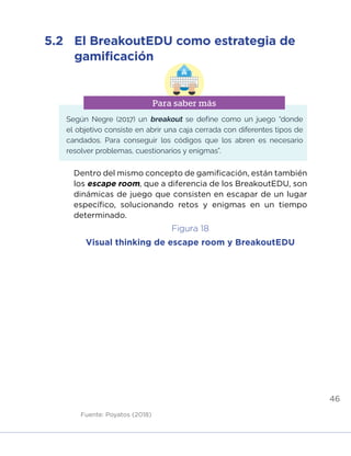 46
Dentro del mismo concepto de gamificación, están también
los escape room, que a diferencia de los BreakoutEDU, son
dinámicas de juego que consisten en escapar de un lugar
específico, solucionando retos y enigmas en un tiempo
determinado.
5.2	 El BreakoutEDU como estrategia de
gamificación
Según Negre (2017) un breakout se define como un juego “donde
el objetivo consiste en abrir una caja cerrada con diferentes tipos de
candados. Para conseguir los códigos que los abren es necesario
resolver problemas, cuestionarios y enigmas”.
Para saber más
Figura 18
Visual thinking de escape room y BreakoutEDU
Fuente: Poyatos (2018)
INICIO ÍNDICE GLOSARIO
ANEXOS SIGUIENTE
ANTERIOR
 