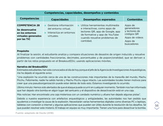 Competencias, capacidades, desempeños y contenidos
Competencias Capacidades Desempeños esperados Contenidos
COMPETENCIA 28
Se desenvuelve
en los entornos
virtuales generados
por las TIC
	 Gestiona información
del entorno virtual.
	 Interactúa en entornos
virtuales.
	 Utiliza herramientas multimedia
e interactivas, como apps de
lectores QR, app de Google, app
de formative y app de YouTube
cuando resuelve problemas de
cantidad.
Apps de
generadores
y lectores de
códigos QR
Apps de videos
Apps de
buscadores
Propósito
Al finalizar la sesión, el estudiante analiza y compara situaciones de desastre de origen inducido y resuelve
problemas con cantidades fraccionarias, decimales, porcentuales y de poporcionalidad, que se derivan a
partir de los retos propuesto en el BreakoutEDU, usando aplicaciones móviles.
Narrativa del BreakoutEDU
Estimadosestudiantes,hansidoconvocadoseldíadehoyporqueeljefedelaAgenciadeInvestigacionesArqueológicas,
me ha dejado el siguiente aviso:
“Una explosión ha ocurrido cerca de una de las construcciones más importantes de la maravilla del mundo, Machu
Picchu. Felizmente, nadie ha salido herido y Machu Picchu sigue intacto. Las autoridades locales tienen motivos para
creer que una pseudoorganización puede estar detrás de todo esto. Estamos investigando lo ocurrido.
Último minuto: Hemos sido alertados de que el ataque puede ocurrir en cualquier momento. También nos han informado
que han dejado otra bomba en algún lugar del santuario y el dispositivo de desactivación está en una caja.
Más noticias: Han encontrado una caja misteriosa con un candado numérico y afuera han dejado algunas pistas”.
Debido a nuestra experiencia con artefactos arqueológicos y antigüedades, las autoridades nos han pedido que
ayudemos a investigar la causa de la explosión. Necesitarán varias herramientas digitales como diversas PC o laptops,
tabletas con conexión a internet y algunas aplicaciones que pueden ser útiles durante la resolución de los desafíos. Sé
que pueden resolver este misterio. El trabajo en equipo es muy importante. Tienen una hora para desactivar la bomba.
Fuente: adaptado de Davila (2018)
56
INICIO ÍNDICE GLOSARIO
ANEXOS SIGUIENTE
ANTERIOR
 