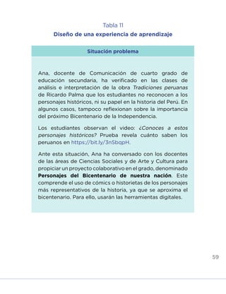 59
Tabla 11
Diseño de una experiencia de aprendizaje
Situación problema
Ana, docente de Comunicación de cuarto grado de
educación secundaria, ha verificado en las clases de
análisis e interpretación de la obra Tradiciones peruanas
de Ricardo Palma que los estudiantes no reconocen a los
personajes históricos, ni su papel en la historia del Perú. En
algunos casos, tampoco reflexionan sobre la importancia
del próximo Bicentenario de la Independencia.
Los estudiantes observan el video: ¿Conoces a estos
personajes históricos? Prueba revela cuánto saben los
peruanos en https://bit.ly/3nSbqpH.
Ante esta situación, Ana ha conversado con los docentes
de las áreas de Ciencias Sociales y de Arte y Cultura para
propiciar un proyecto colaborativo en el grado, denominado
Personajes del Bicentenario de nuestra nación. Este
comprende el uso de cómics o historietas de los personajes
más representativos de la historia, ya que se aproxima el
bicentenario. Para ello, usarán las herramientas digitales.
INICIO ÍNDICE GLOSARIO
ANEXOS SIGUIENTE
ANTERIOR
 