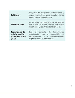 8
Software
Conjunto de programas, instrucciones y
reglas informáticas para ejecutar ciertas
tareas en una computadora.
Software libre
Es un tipo de programa de ordenador
que puede ser usado, copiado, estudiado,
modificado y redistribuido libremente.
Tecnologías de
la información
y comunicación
(TIC)
Son el conjunto de herramientas
relacionadas con la transmisión, el
procesamiento y el almacenamiento
digitalizado de la información.
INICIO ÍNDICE GLOSARIO
ANEXOS SIGUIENTE
ANTERIOR
 