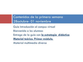 Contenidos de la primera semana
28octubre- 01 noviembre
Guía Introducción al campus virtual
Bienvenida a los alumnos
Entrega de la guía con la estrategia didáctica
Material teórico. Primer módulo.
Material multimedia diverso

 